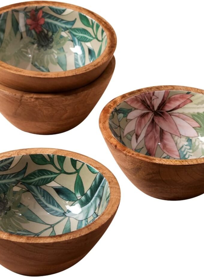 Set of 4 Serving Snacks Bowls Wooden for Dry Fruits Mango Wood with Decaling Print with Clear Enamel Design (6 INCH Diameter, Green)