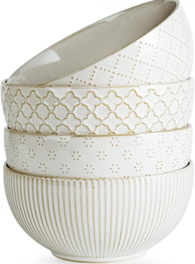 Ceramic Soup Bowls, Cereal Bowl Set of 4 with Assorted Embossment (6.1 inch & 30 oz), Farmhouse Vintage Color Bowls for Kitchen