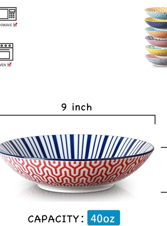 Porcelain 40oz Large Bowls 9 inch Big Pasta Salad Bowls, Microwave and Oven Safe, Assorted Colors, Set of 6