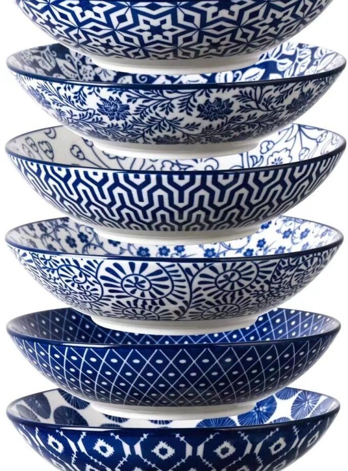 Porcelain 40oz Large Bowls 9 inch Big Pasta Salad Bowls, Microwave and Oven Safe, Vintage Blue, Set of 6