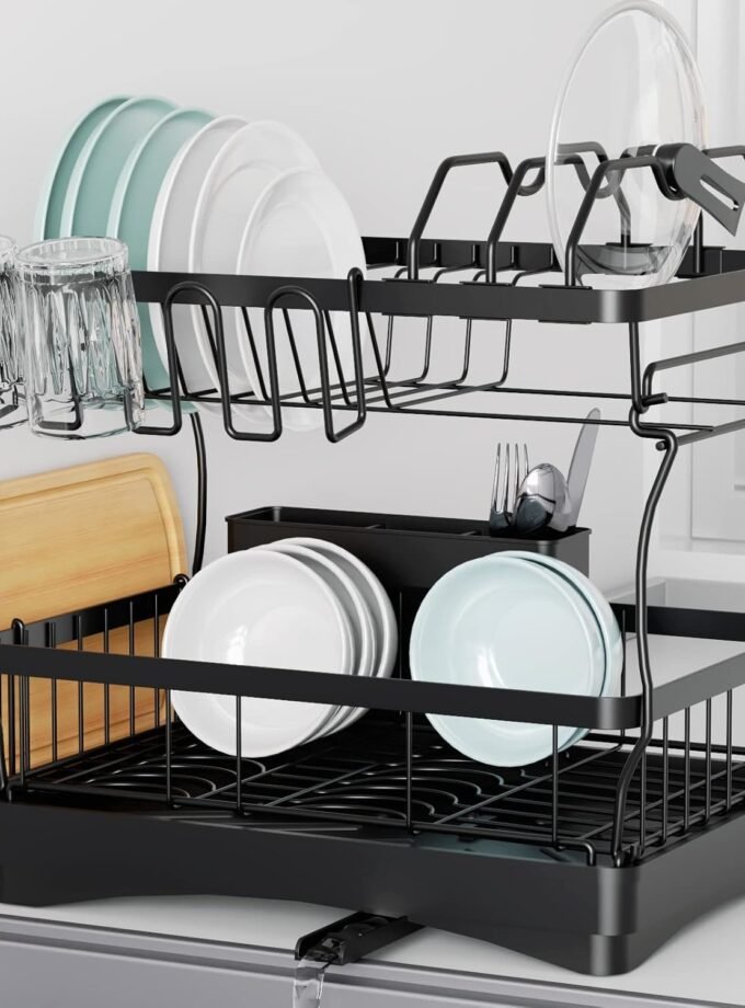DishDryingRack,2TierDishRackwithWaterLockingFunctionDrainboard,PotRack,CutleryHolder,Cutting-BoardHolderandCupHolder,LargeDishRacksforKitchen
