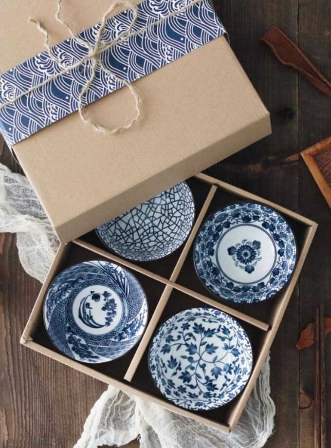 ~ Set of 4, Japanese Style Ceramic Rice Bowl Assorted Designs Traditional Blue and White Pattern Underglazed Dinnerware Ideal For Dessert Snack Cereal Soup in Gift Box