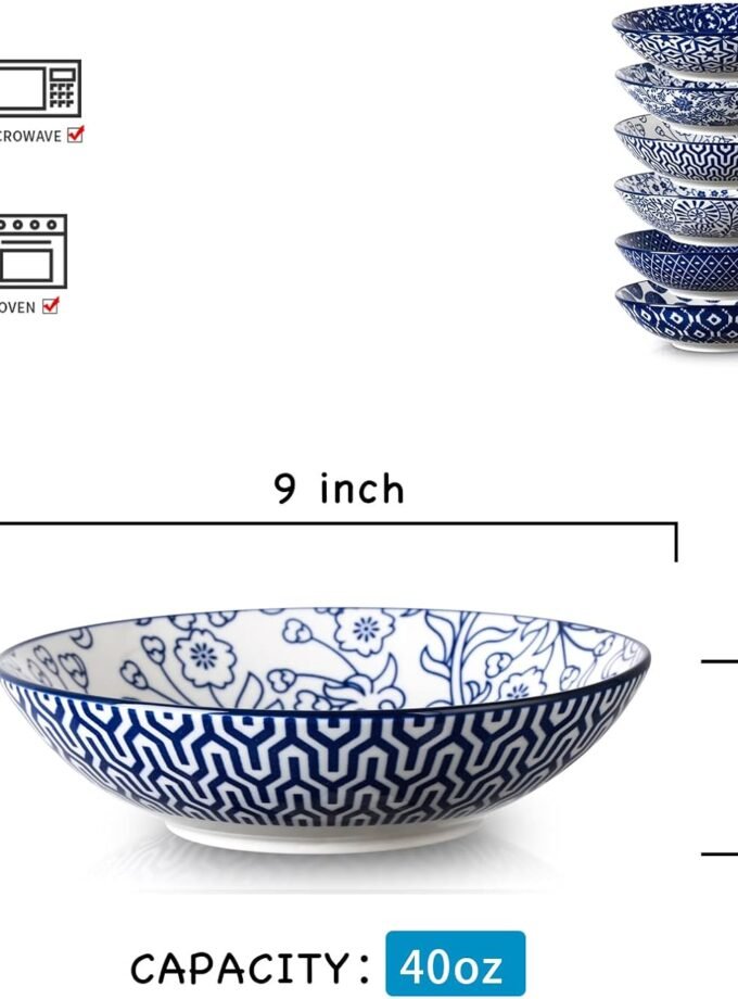 Porcelain 40oz Large Bowls 9 inch Big Pasta Salad Bowls, Microwave and Oven Safe, Vintage Blue, Set of 6