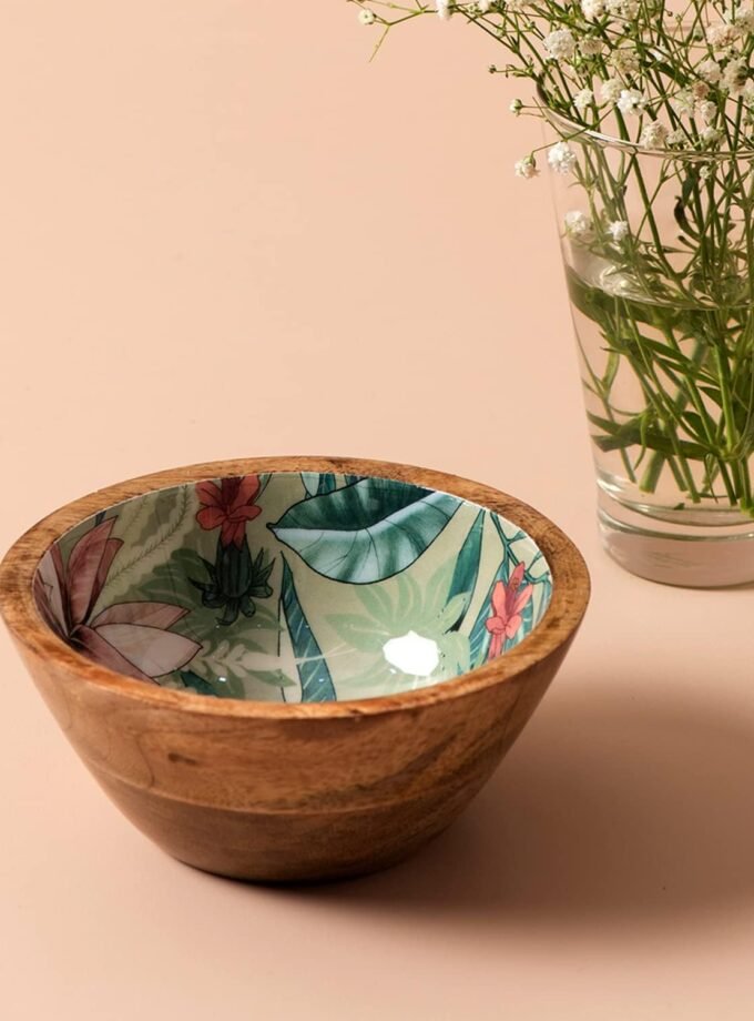 Set of 4 Serving Snacks Bowls Wooden for Dry Fruits Mango Wood with Decaling Print with Clear Enamel Design (6 INCH Diameter, Green)