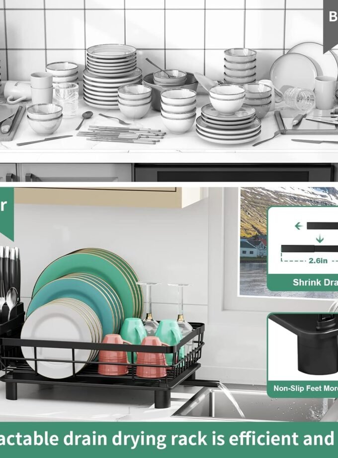 DishDryingRack,DishRack,DishRacksforKitchenCounter,DishDrainerwithRemovableUtensilHolder,DrainboardandSwivelSpout(Black,Metal)