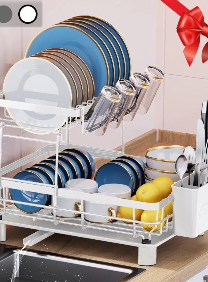 WhiteDishDryingRack-DurableLargeDishRacksforKitchenCounter,DishDrainerwithDrainboard,KitchenOrganizationandStorageforpioneerwomankitchenaccessories(2Tier