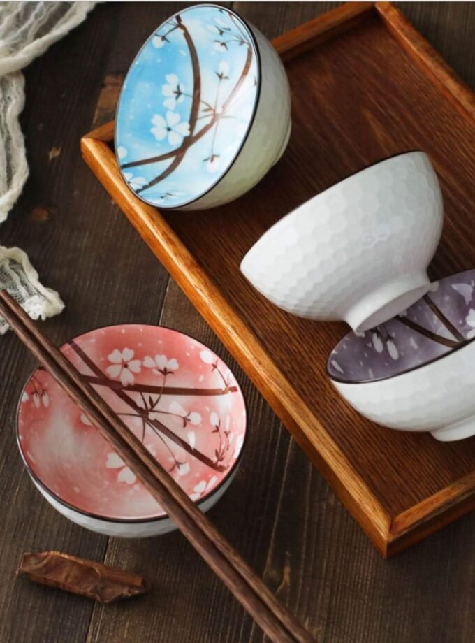 ~ Set of 4, Japanese Style Ceramic Rice Bowl Assorted Designs and Color with Flowers Underglazed Dinnerware Ideal For Dessert Snack Cereal Soup in Gift Box