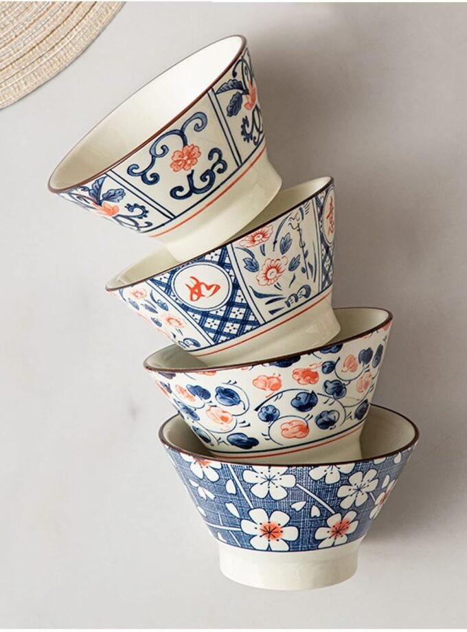Japanese Bowl Set of 4, Vintage 5 Inch Rice Bowl, Underglaze Craft, Microwave Oven Safe,4pcs