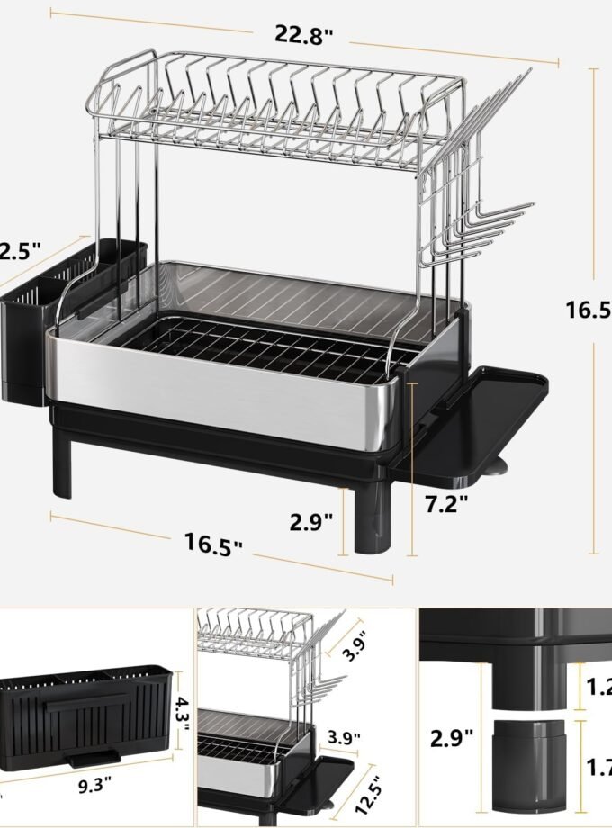 DishDryingRackwithDrainboardSet,304StainlessSteelDishRack,2TierExtraLargeDishDrainerwithCupHolderandUtensilCounterofBigFamily