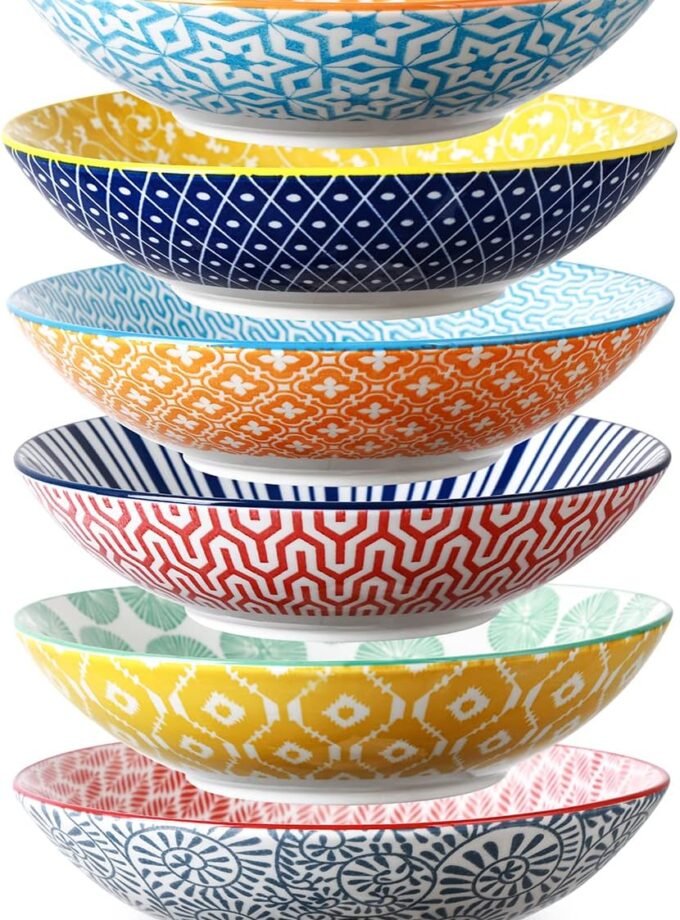 Porcelain 40oz Large Bowls 9 inch Big Pasta Salad Bowls, Microwave and Oven Safe, Assorted Colors, Set of 6