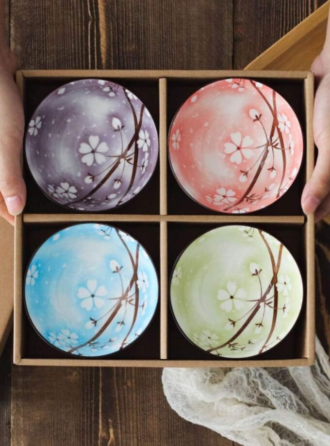 ~ Set of 4, Japanese Style Ceramic Rice Bowl Assorted Designs and Color with  Flowers Underglazed Dinnerware Ideal For Dessert Snack Cereal Soup in Gift Box