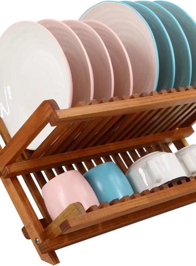 TeakDishDrainerRackCollapsible2TierDishRackDishDryingRackFoldablePlateOrganizer