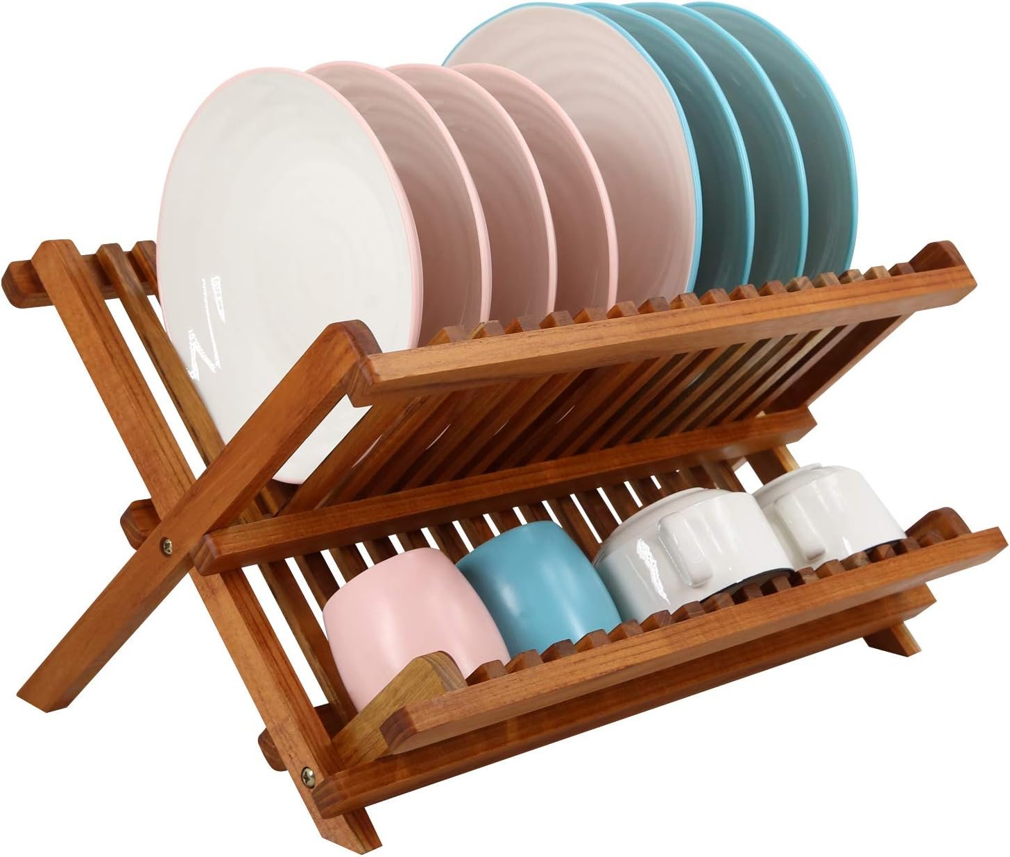 TeakDishDrainerRackCollapsible2TierDishRackDishDryingRackFoldablePlateOrganizer
