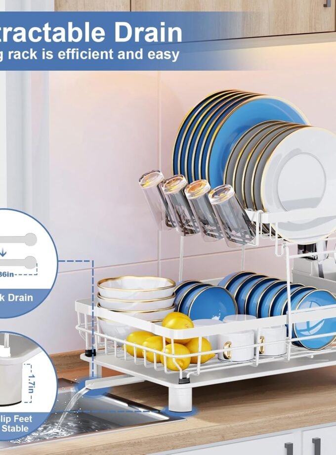 WhiteDishDryingRack-DurableLargeDishRacksforKitchenCounter,DishDrainerwithDrainboard,KitchenOrganizationandStorageforpioneerwomankitchenaccessories(2Tier