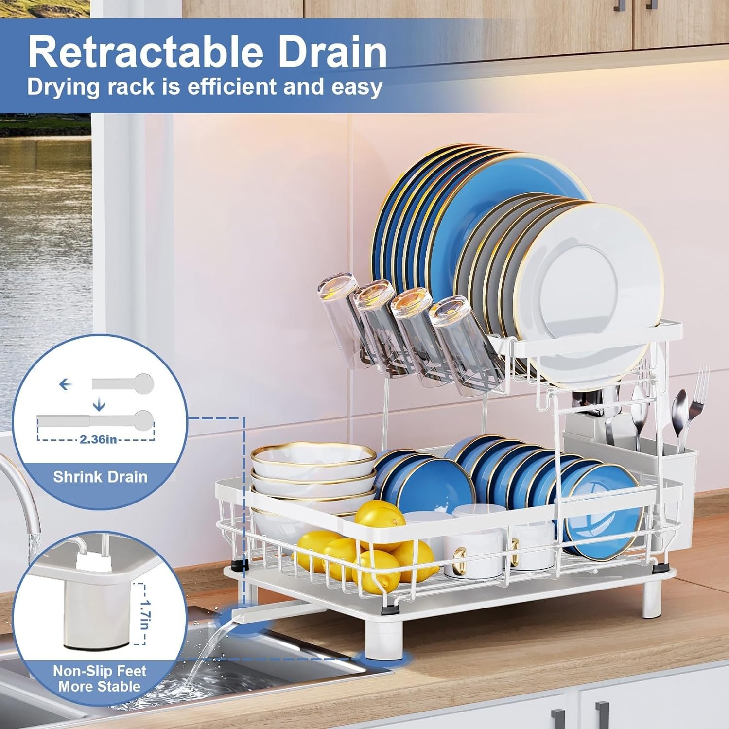 WhiteDishDryingRack-DurableLargeDishRacksforKitchenCounter,DishDrainerwithDrainboard,KitchenOrganizationandStorageforpioneerwomankitchenaccessories(2Tier - Image 2