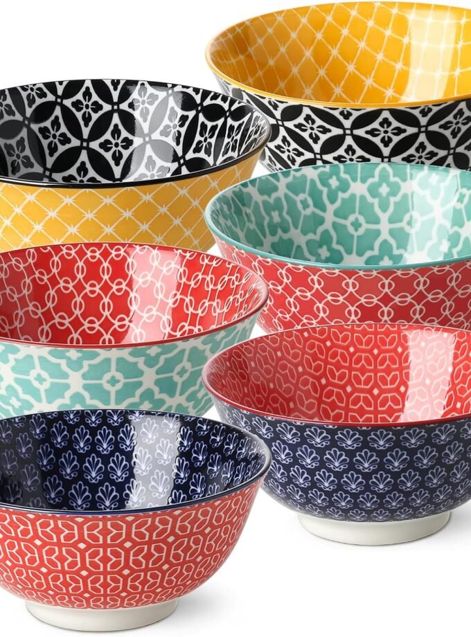 Porcelain Cereal Bowls, 23 Fluid Ounces Vibrant Colors Soup Bowls, Cute Oatmeal Bowls for Pasta, Small Salad, Stews, Rice, Microwave and Dishwasher Safe, Lightweight, Set of 6