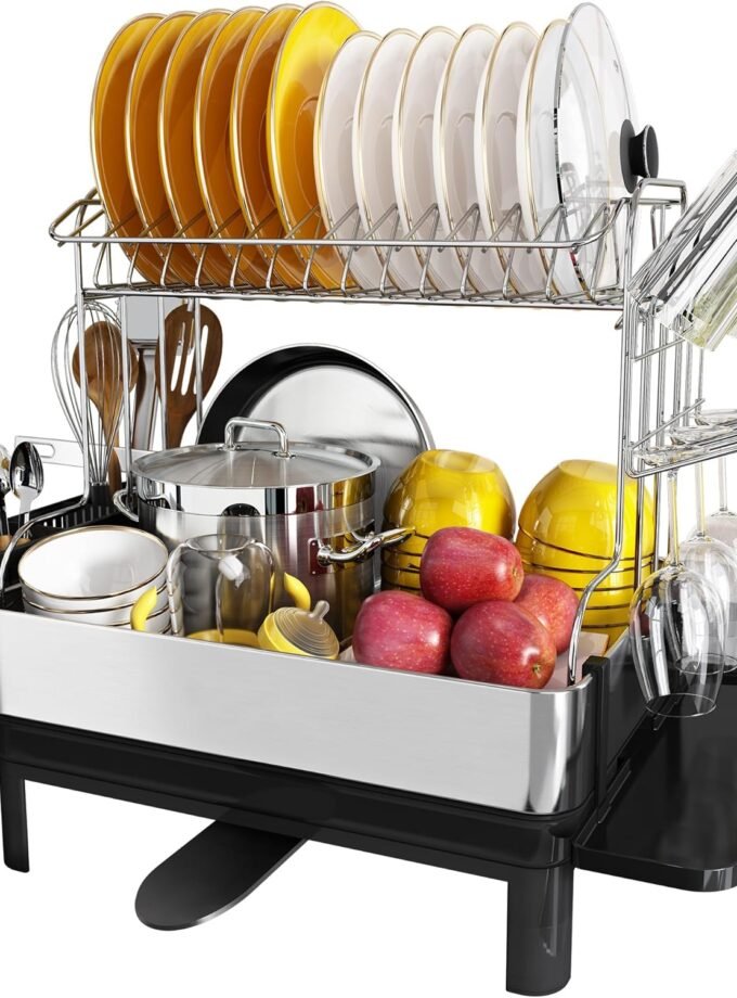 DishDryingRackwithDrainboardSet,304StainlessSteelDishRack,2TierExtraLargeDishDrainerwithCupHolderandUtensilCounterofBigFamily