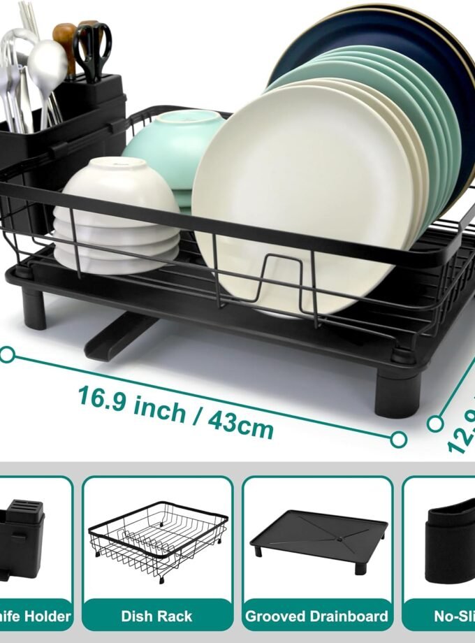 IronDishDryingRack,Space-SavingDesignwithDrainboardandSwivelSpout,CountertopDrainer,RemovableUtensil,DurableforPlates,Bowls.(1t-Black)
